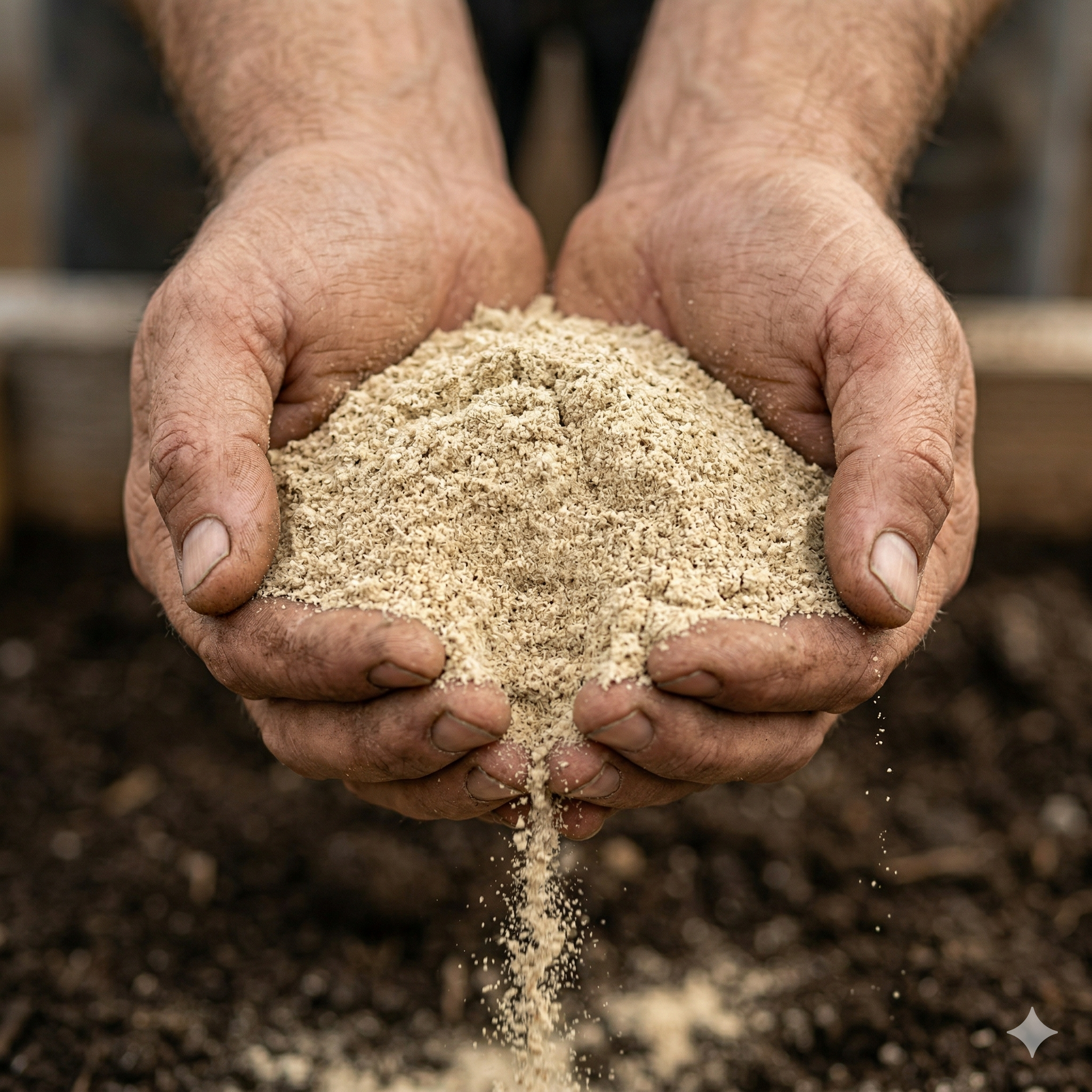海藻発酵堆肥を両手ですくう農家の手 - 紅玉屋の減農薬栽培
