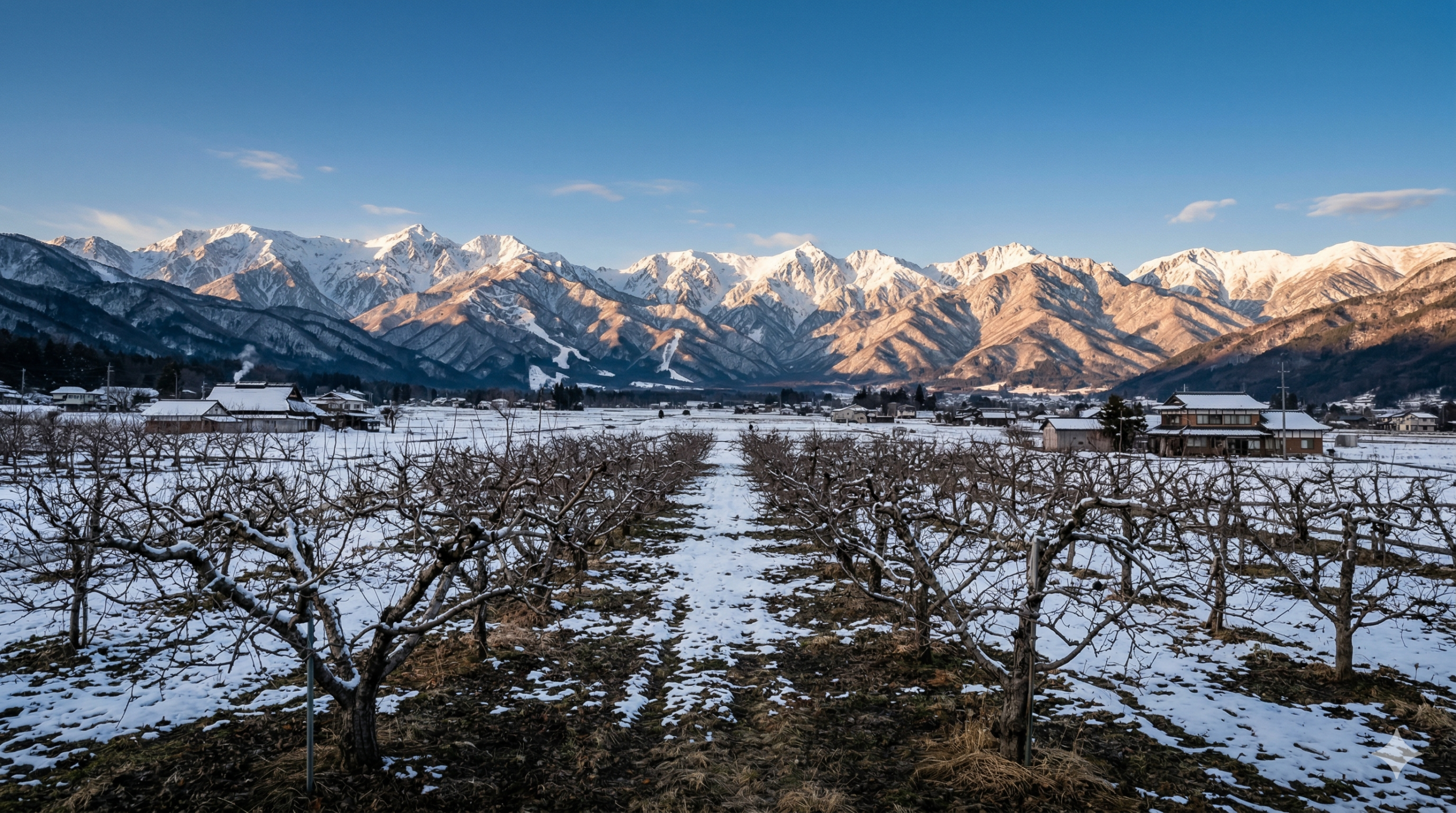 冬の北アルプスを望む紅玉屋のりんご畑 - 長野県北信濃