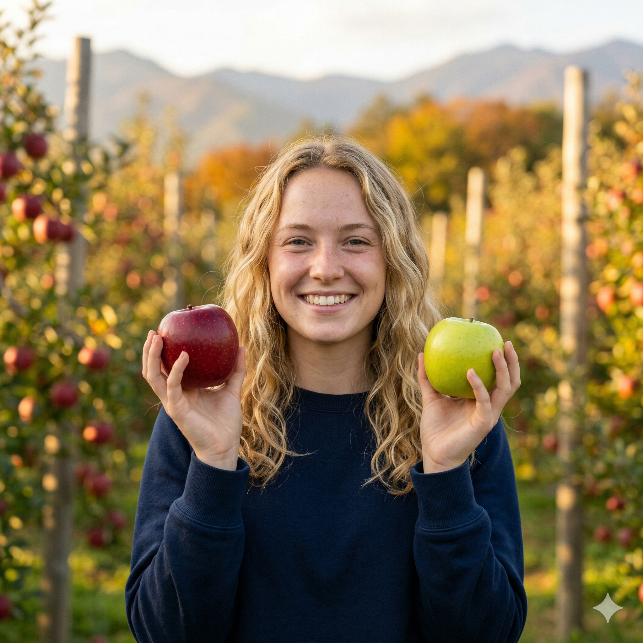 紅玉とグラニースミスを持つ笑顔の女性 - 紅玉屋のりんご畑