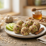 グラニースミスと刻みナッツのエネルギーボール。白い皿に丸く並んだボールにりんごの緑の皮とナッツの粒が見える