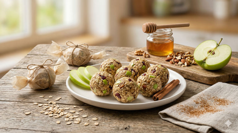 グラニースミスと刻みナッツのエネルギーボール。白い皿に丸く並んだボールにりんごの緑の皮とナッツの粒が見える