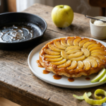 グラニースミスのタルトタタンを皿に反転させた仕上がり。淡い琥珀色のキャラメルに覆われたりんごが放射状に整然と並ぶ