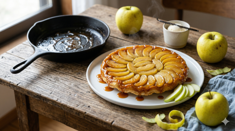 グラニースミスのタルトタタンを皿に反転させた仕上がり。淡い琥珀色のキャラメルに覆われたりんごが放射状に整然と並ぶ