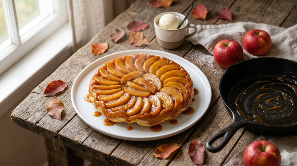 紅玉りんごのタルトタタンをスキレットから皿に反転させた瞬間。艶やかなキャラメルに覆われた紅玉が放射状に並ぶ