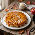 紅玉りんごのタルトタタンをスキレットから皿に反転させた瞬間。艶やかなキャラメルに覆われた紅玉が放射状に並ぶ