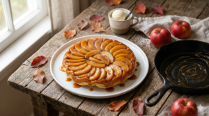 紅玉りんごのタルトタタンをスキレットから皿に反転させた瞬間。艶やかなキャラメルに覆われた紅玉が放射状に並ぶ