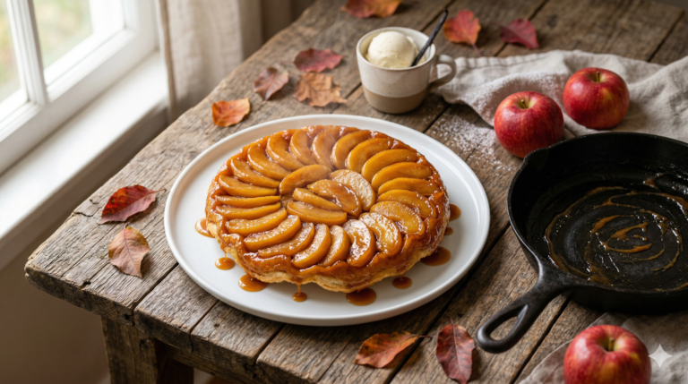 紅玉りんごのタルトタタンをスキレットから皿に反転させた瞬間。艶やかなキャラメルに覆われた紅玉が放射状に並ぶ